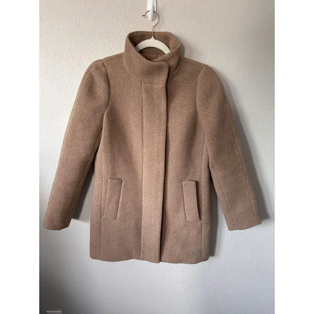 J Crew Mercantile Camel Wool City Coat Size 00 Standing Collar Zip Jacket Tan